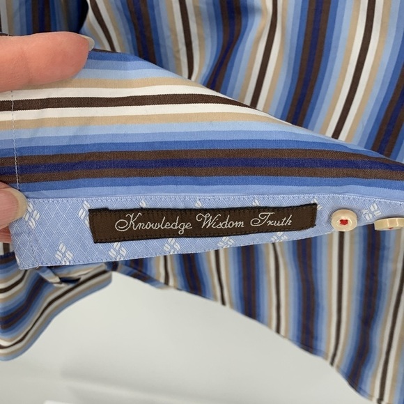 Robert Graham blue brown stripe men shirt button cotton flip cuff Medium M - Picture 7 of 7